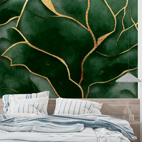 Abstract green and gold wallpaper creating a sophisticated atmosphere in a modern living room setting