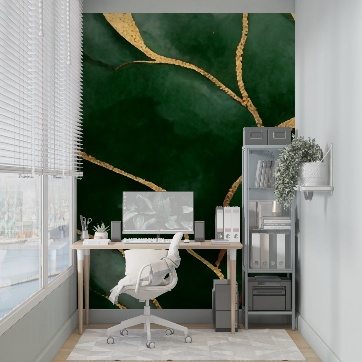 Green abstract wall mural adding luxury to an elegant dining room