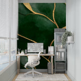Green abstract wall mural adding luxury to an elegant dining room