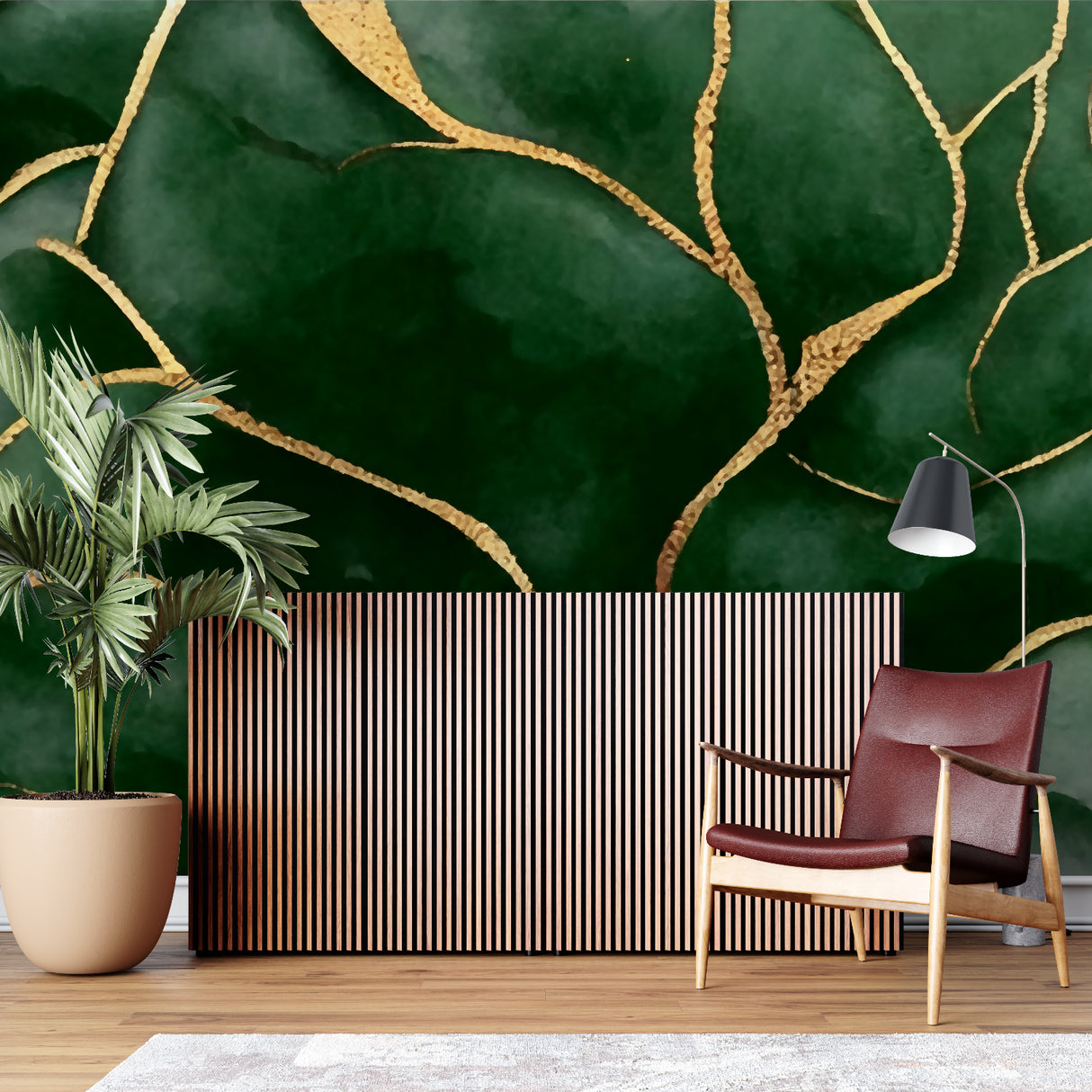 Gold and green abstract pattern making a statement in a home office