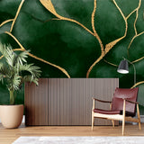 Gold and green abstract pattern making a statement in a home office