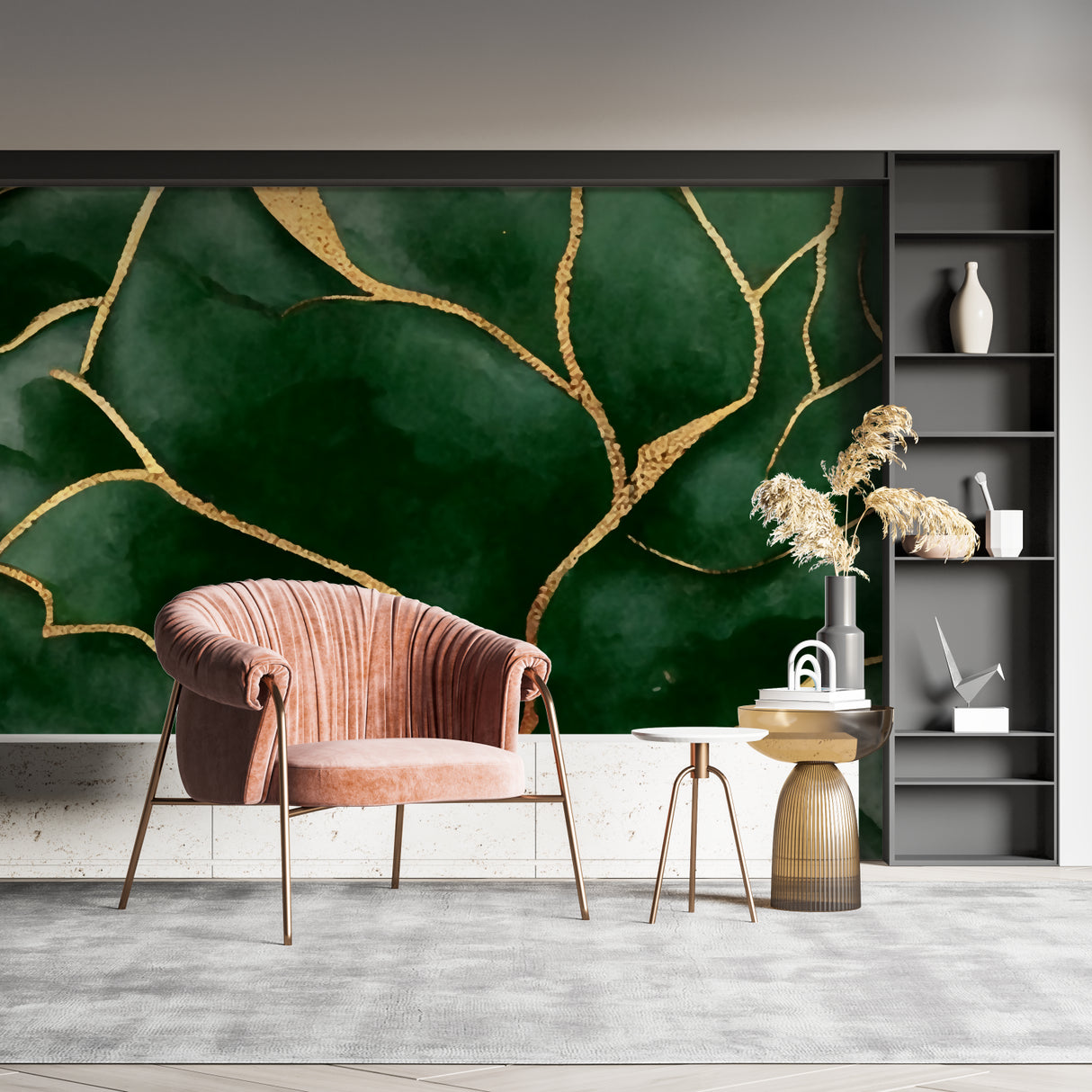Abstract emerald wallpaper creating depth in a modern hallway space