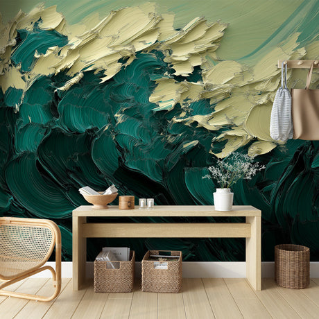 Abstract wave wallpaper in emerald green creating a stunning focal point in a minimalist living room with natural lighting