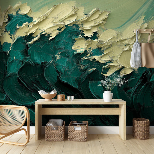 Abstract wave wallpaper in emerald green creating a stunning focal point in a minimalist living room with natural lighting