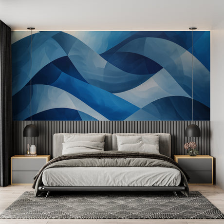 Blue circle abstract wallpaper in modern living room with gray sofa and natural light