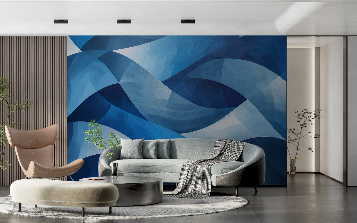 Abstract blue circle mural in minimalist office space with white furniture