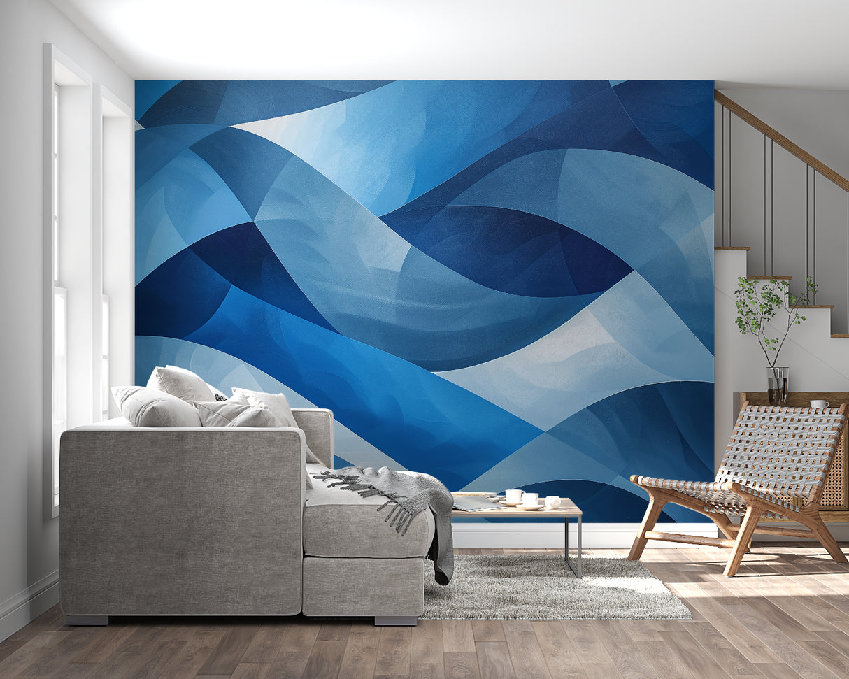 Geometric blue wallpaper creating depth in contemporary bedroom setting