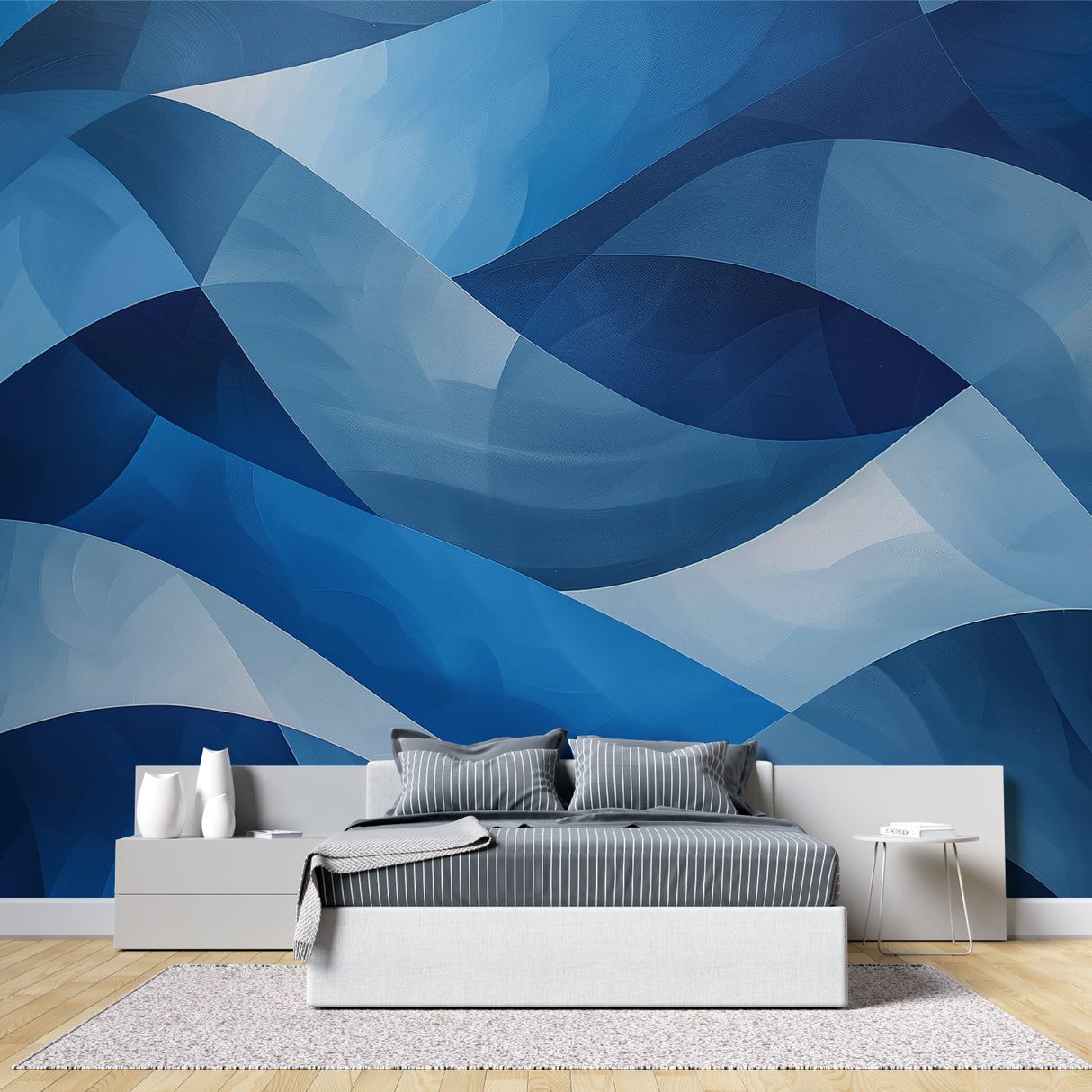 Modern abstract circle wallpaper in dining room with pendant lighting