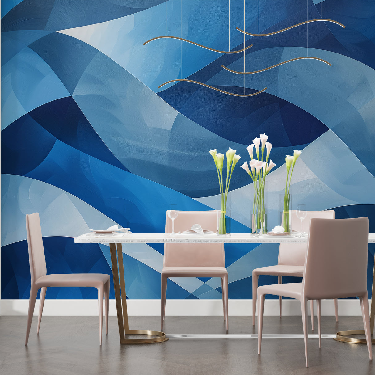Blue geometric wallpaper in home office with natural wood accents