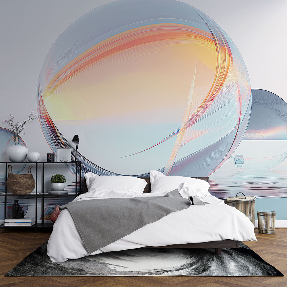 Abstract sphere wallpaper creating depth in a modern living room, floating glass orbs catch natural light
