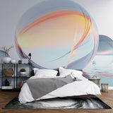 Abstract sphere wallpaper creating depth in a modern living room, floating glass orbs catch natural light