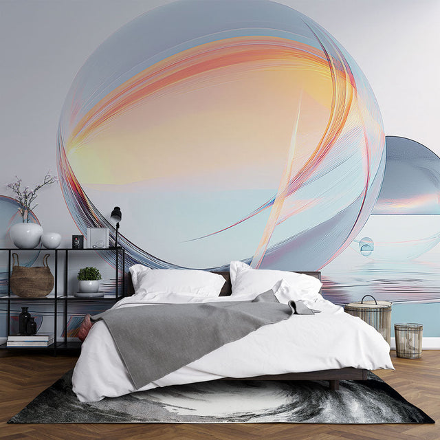 Abstract sphere wallpaper creating depth in a modern living room, floating glass orbs catch natural light