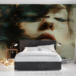 Abstract portrait wallpaper creating a stunning focal point in a modern living room with emerald and bronze tones