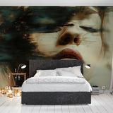 Abstract portrait wallpaper creating a stunning focal point in a modern living room with emerald and bronze tones