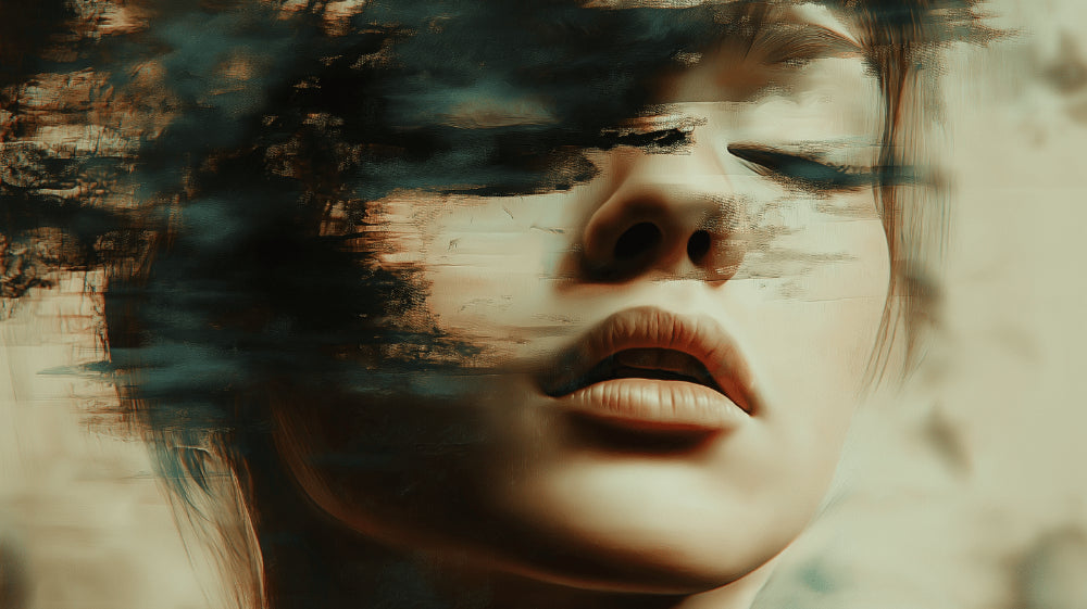 Abstract portrait design file showing ethereal face emerging through misty emerald and bronze layers