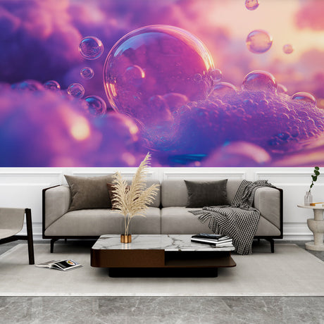 Purple abstract bubble wallpaper creating a dreamy atmosphere in a modern living room with natural light