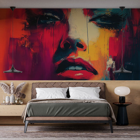 Abstract portrait mural wallpaper creating a striking focal point in a modern living room with clean furniture
