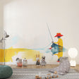 Abstract fishing wallpaper in modern living room showing yellow and blue tones creating a peaceful atmosphere