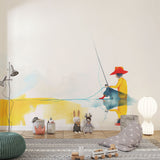Abstract fishing wallpaper in modern living room showing yellow and blue tones creating a peaceful atmosphere