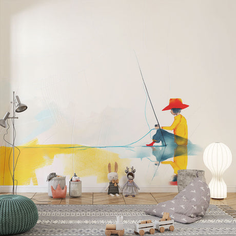 Abstract fishing wallpaper in modern living room showing yellow and blue tones creating a peaceful atmosphere