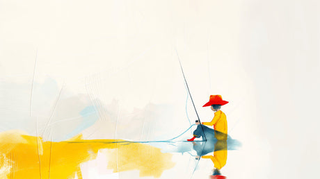 Abstract fishing scene design file showing minimalist watercolor artwork in yellow and blue