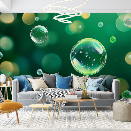 Modern living room featuring an emerald green abstract bubble wallpaper creating depth and movement in natural light