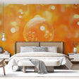 Modern living room with floating bubble wallpaper mural creating a warm, glowing atmosphere