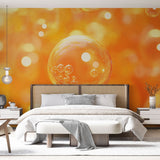 Modern living room with floating bubble wallpaper mural creating a warm, glowing atmosphere