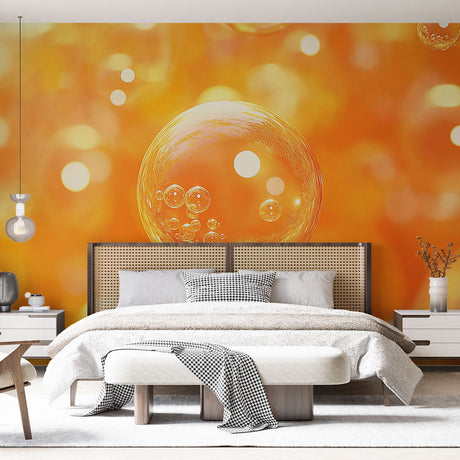 Modern living room with floating bubble wallpaper mural creating a warm, glowing atmosphere