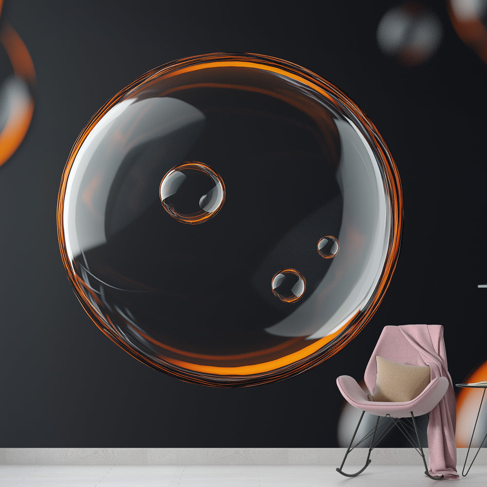 Modern abstract bubble wallpaper creating depth in a minimalist living room with floating orange spheres against dark background
