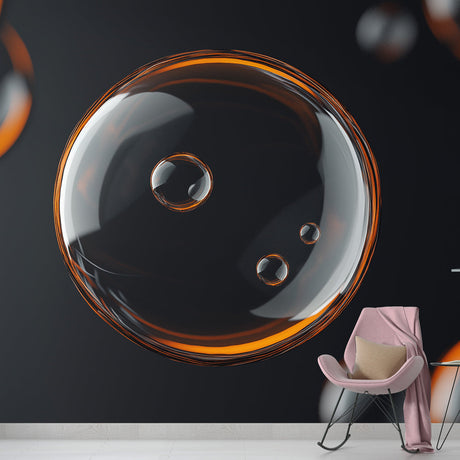 Modern abstract bubble wallpaper creating depth in a minimalist living room with floating orange spheres against dark background