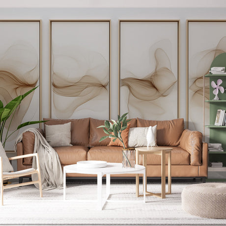 Beige abstract smoke wallpaper creating a calm atmosphere in a modern living room with minimal furniture