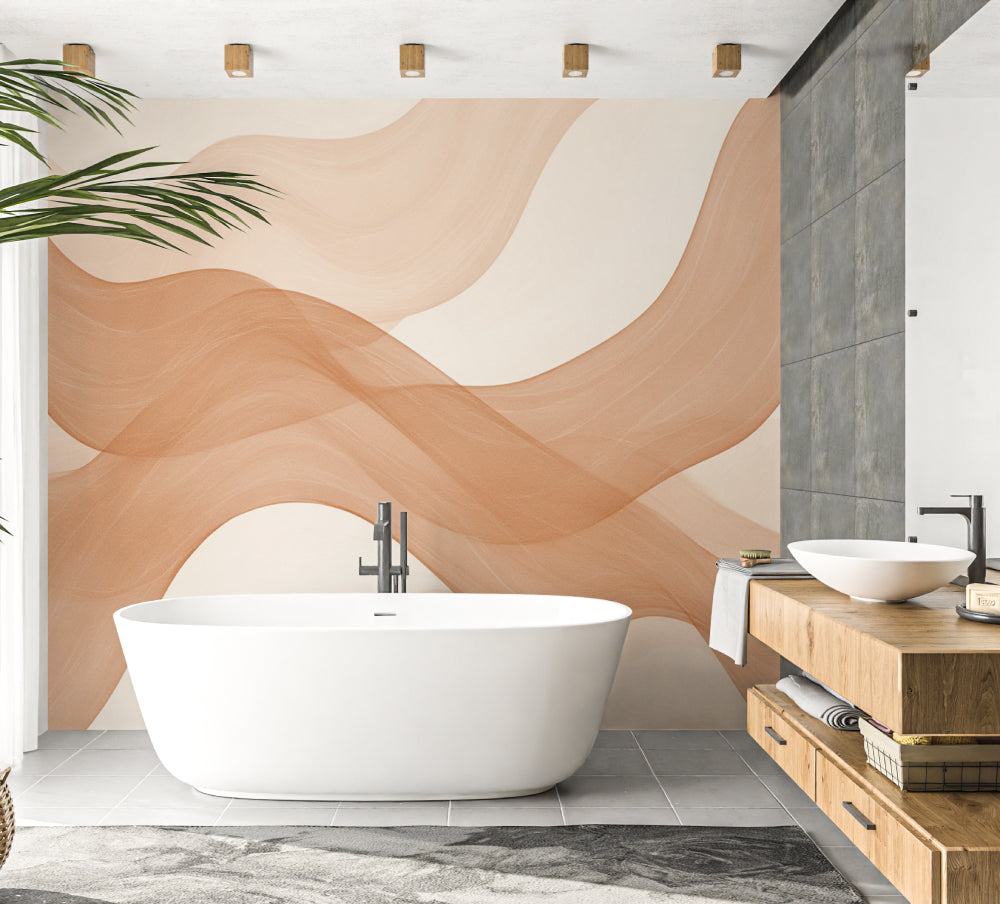 Abstract wave wallpaper creating a calm atmosphere in a modern living room with beige and cream tones