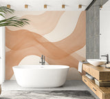 Abstract wave wallpaper creating a calm atmosphere in a modern living room with beige and cream tones