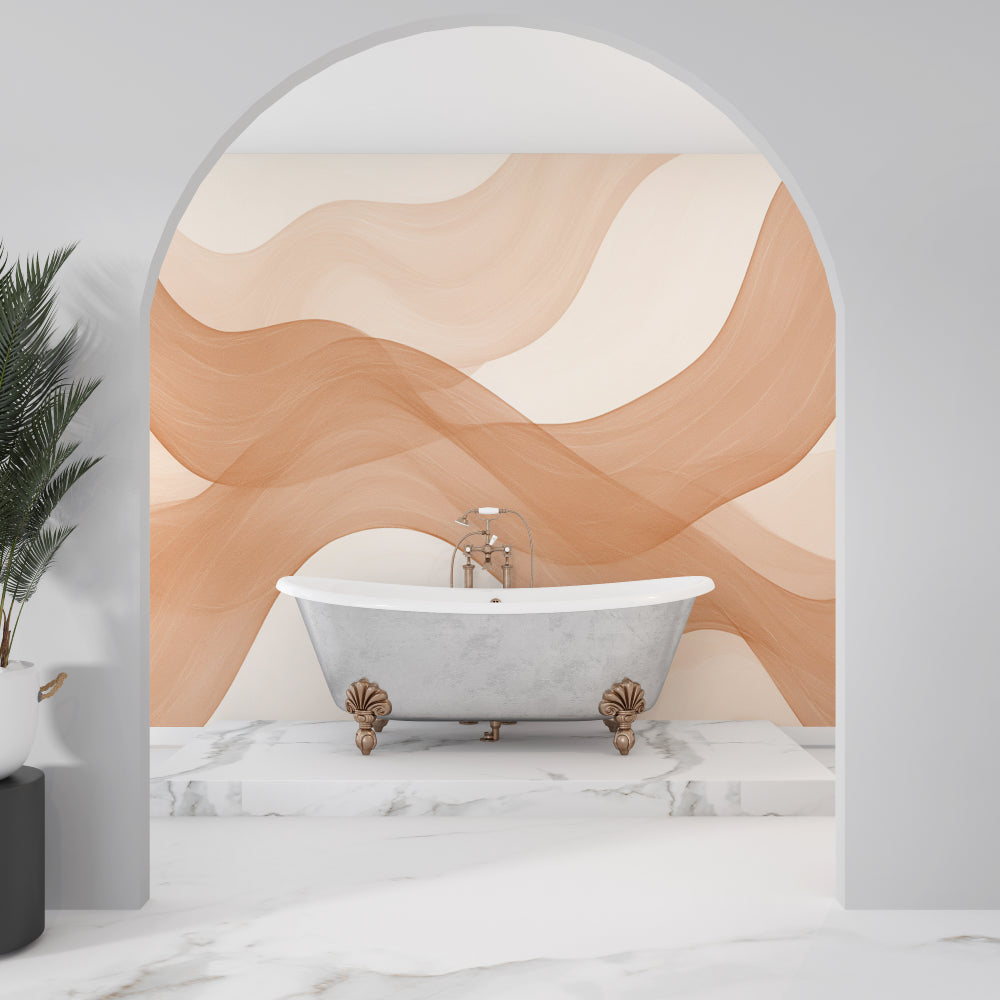 Flowing beige wave mural in a minimalist bedroom setting showing gentle curves and movement