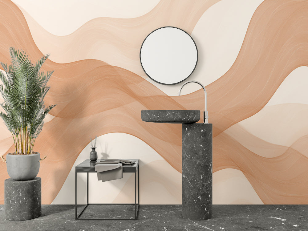 Abstract wave pattern wallpaper bringing depth to a home office with soft neutral tones