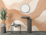 Abstract wave pattern wallpaper bringing depth to a home office with soft neutral tones