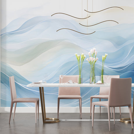 Blue wave abstract wallpaper in modern living room creating serene atmosphere