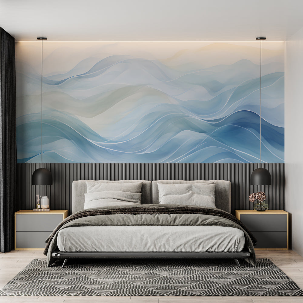 Abstract blue wave mural in minimalist bedroom showcasing flowing design
