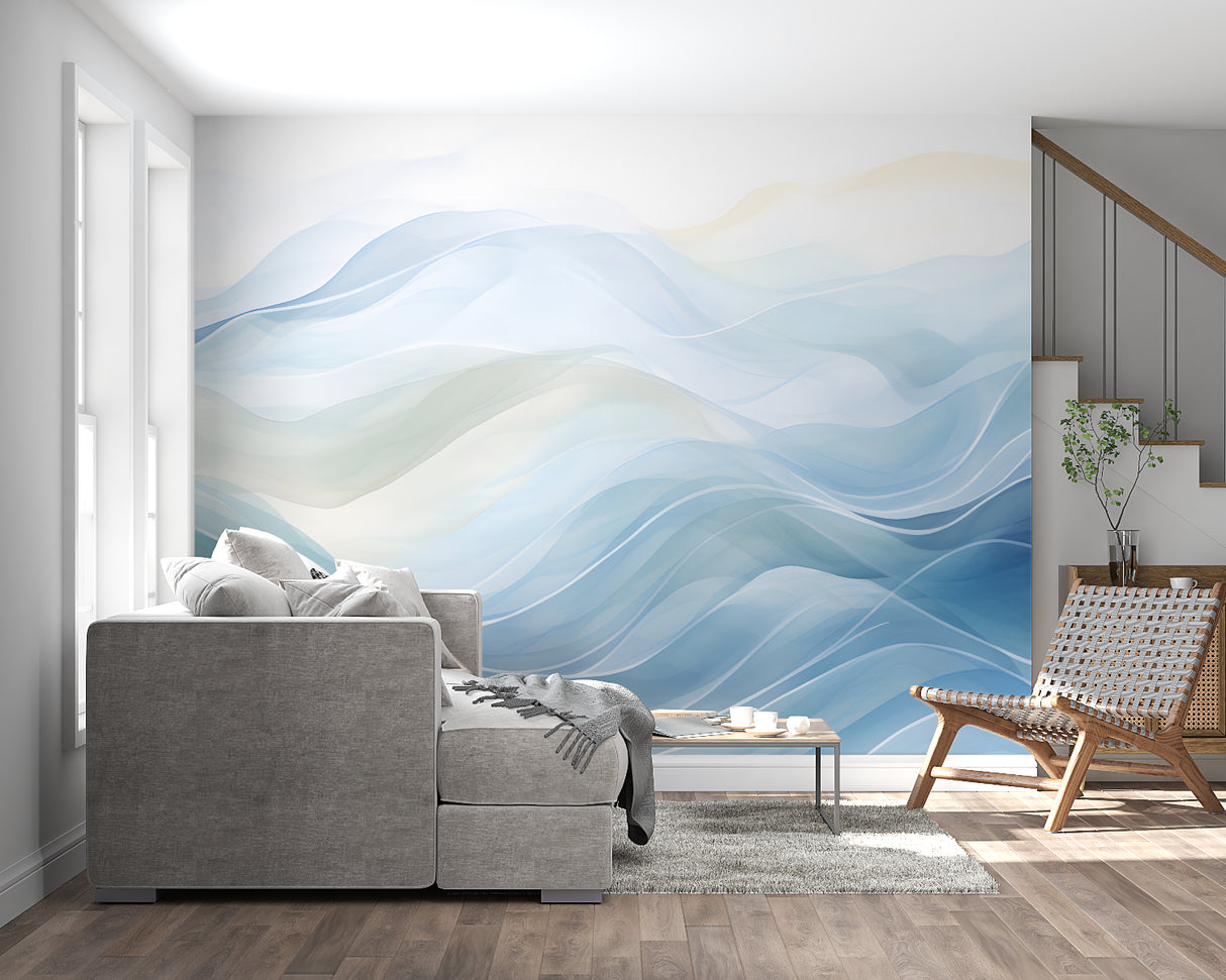 Modern office space featuring blue abstract wave wallpaper
