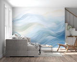 Modern office space featuring blue abstract wave wallpaper