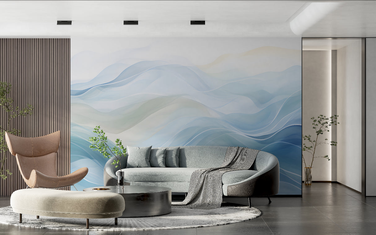 Contemporary dining room with flowing blue wave mural wallpaper