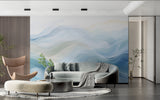 Contemporary dining room with flowing blue wave mural wallpaper