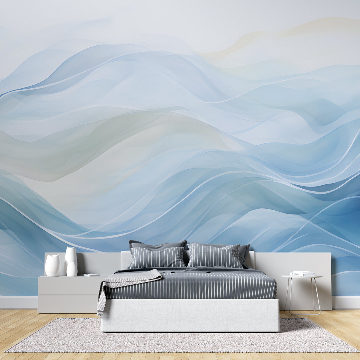 Blue abstract wave pattern in meditation room showing calming effect