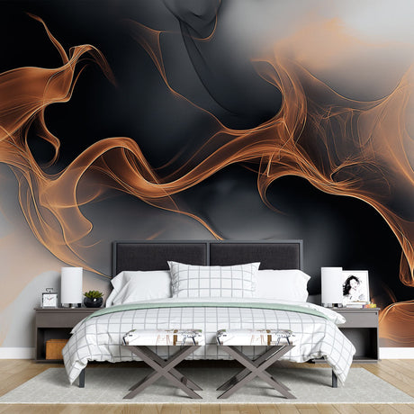 Modern abstract copper wallpaper mural in an elegant living room with soft lighting highlighting the metallic accents
