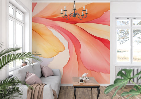 Abstract coral and orange wallpaper in modern living room creating warm, inviting atmosphere