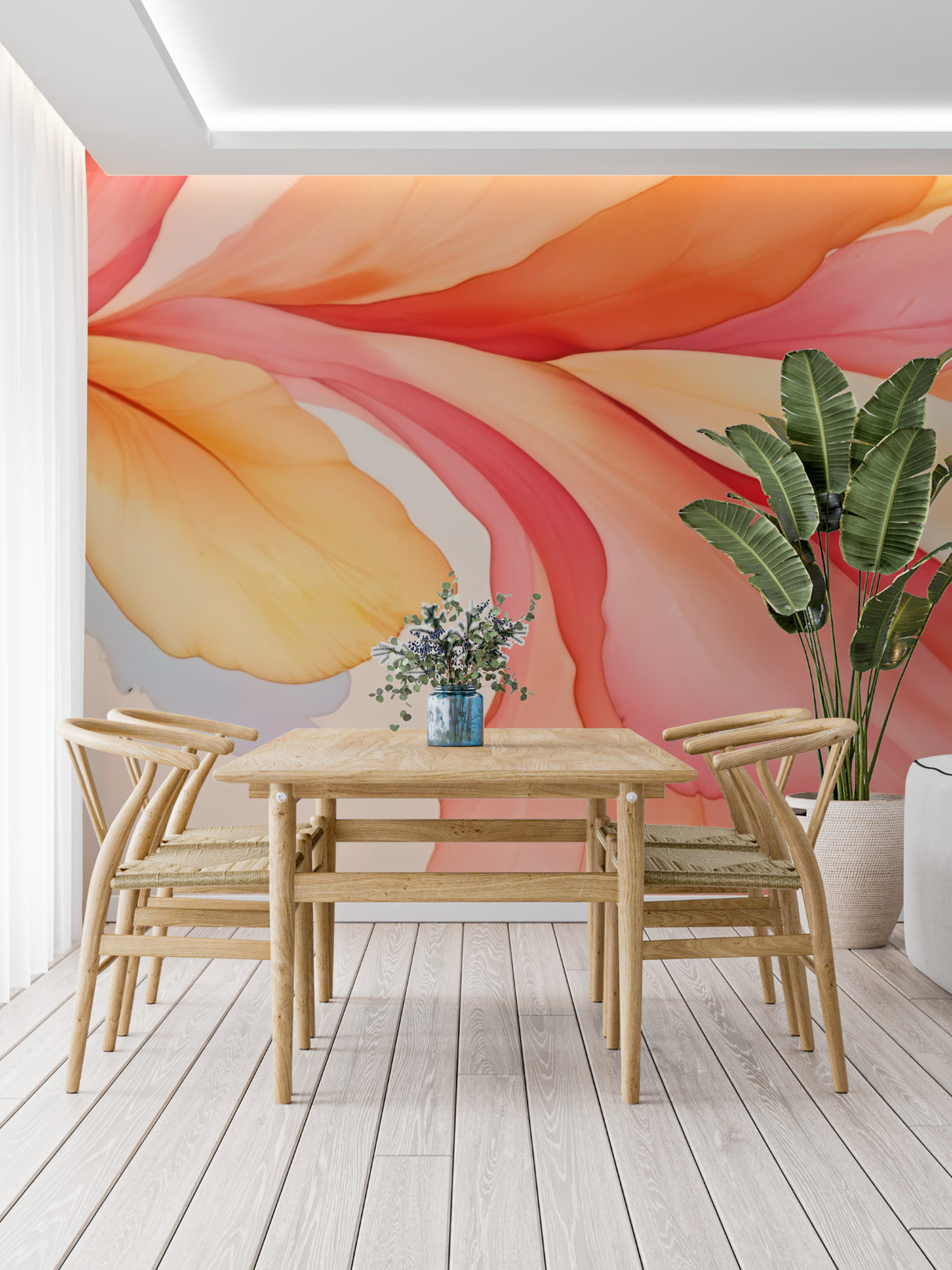 Abstract wall mural with flowing design showcased in minimalist bedroom setting
