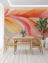 Abstract wall mural with flowing design showcased in minimalist bedroom setting
