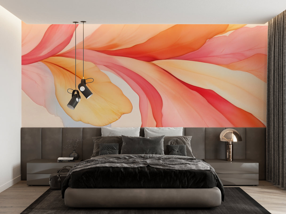 Home office space with orange abstract wall mural creating energetic workspace