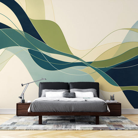Abstract wave wallpaper creating a peaceful atmosphere in a modern living room with minimalist furniture